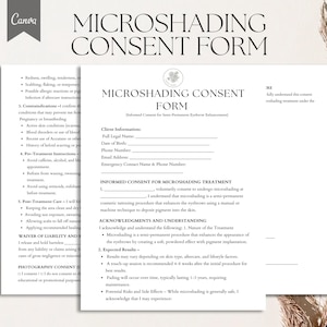Puede incluir: Un formulario de consentimiento en blanco y negro para un tratamiento de microsombreado. El formulario incluye información del cliente, consentimiento informado para el tratamiento de microsombreado, reconocimientos y comprensión, y una exención de responsabilidad y liberación de reclamos. El formulario también incluye una sección de consentimiento para fotografía.