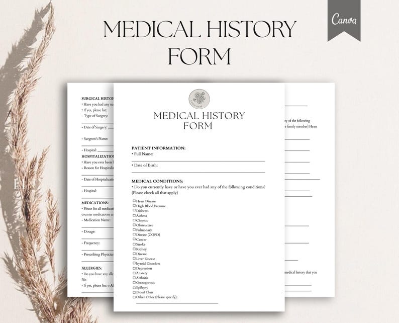 Puede incluir: Un formulario de historia m&eacute;dica en blanco y negro con secciones para la informaci&oacute;n del paciente, la historia quir&uacute;rgica, la hospitalizaci&oacute;n, los medicamentos, las alergias y las condiciones m&eacute;dicas. El formulario incluye una lista de verificaci&oacute;n de las condiciones m&eacute;dicas comunes.