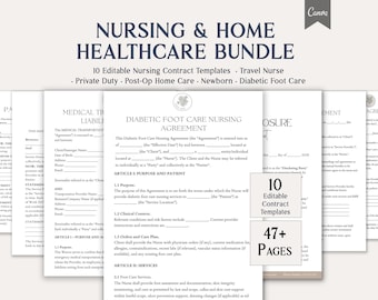 Nursing Home Healthcare Bundle, 10 Editable Nursing Contract Templates, Travel Nurse, Private Duty, Post-Op, Home Care Forms