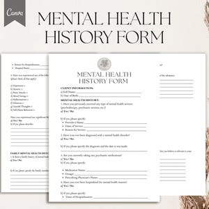 Puede incluir: Un formulario de historial de salud mental imprimible con secciones para informaci&oacute;n del cliente, historial de salud mental, historial familiar de salud mental y uso de sustancias. El formulario incluye preguntas sobre diagn&oacute;sticos previos, hospitalizaciones y medicamentos.