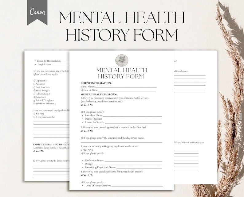 Puede incluir: Un formulario de historial de salud mental imprimible con secciones para informaci&oacute;n del cliente, historial de salud mental, historial familiar de salud mental y uso de sustancias. El formulario incluye preguntas sobre diagn&oacute;sticos previos, hospitalizaciones y medicamentos.