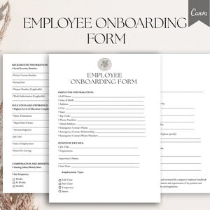 May include: A black and white printable employee onboarding form with sections for background information, employee information, education and experience, compensation and benefits, position details, and employment type. The form includes fields for personal information, work authorisation, education, job title, salary, and employment type.