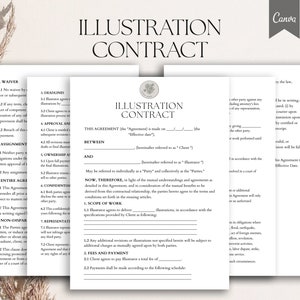 May include: A black and white illustration contract template with the title "ILLUSTRATION CONTRACT" in bold, large font. The contract outlines the terms and conditions for an illustration agreement between a client and an illustrator.