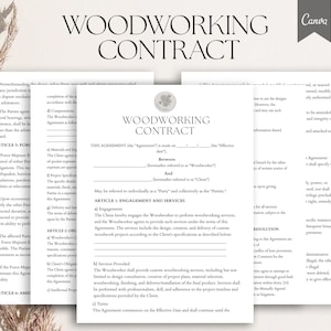 Puede incluir: Un documento en blanco y negro con el título "Contrato de carpintería" en letras grandes y en negrita. El documento describe los términos y condiciones de un contrato de carpintería entre un cliente y un carpintero.