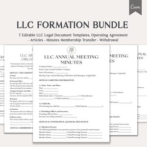 LLC Formation Bundle, 7 Editable LLC Formation Documents, Operating Agreement Articles, Minutes Transfer, Instant Download, DocX, PDF, Canva