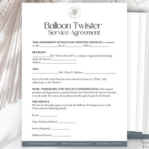 Editable Balloon Twister Contract Template, Balloon Decor Contract, Balloon Stylist agreement,Balloon Twisting Contract,Balloon Decor Policy