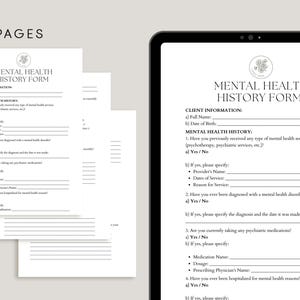 Puede incluir: Un formulario de historial de salud mental en blanco y negro con secciones para la informaci&oacute;n del cliente, el historial de salud mental y preguntas sobre diagn&oacute;sticos, medicamentos y hospitalizaciones pasadas.