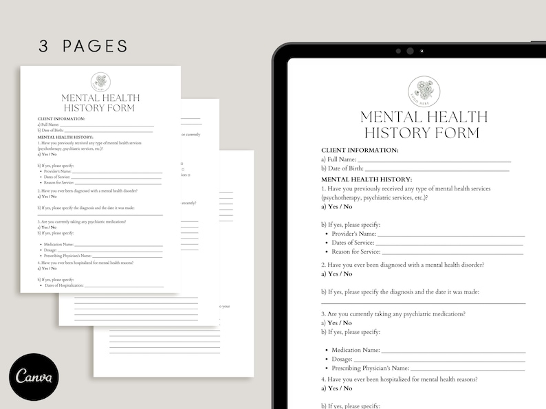 Puede incluir: Un formulario de historial de salud mental en blanco y negro con secciones para la informaci&oacute;n del cliente, el historial de salud mental y preguntas sobre diagn&oacute;sticos, medicamentos y hospitalizaciones pasadas.