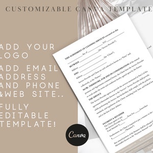 May include: A customizable Canva template for a cleaning services agreement. The template includes fields for the date, service provider, client, address, and payment details. The text "THIS AGREEMENT OF CLEANING SERVICES executed on this day of, 2023, BETWEEN, the "Service Provider", AND, the "Client", Address" is visible on the template.