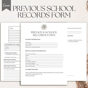 Może przedstawiać: Drukowany formularz do rejestrowania poprzednich danych szkolnych. Formularz zawiera sekcje dotyczące informacji o uczniu, informacji o poprzedniej szkole, danych dotyczących frekwencji, danych dotyczących zachowania, wyników testów standaryzowanych i danych akademickich. Formularz ma tytuł "Formularz danych szkolnych z poprzednich szkół".