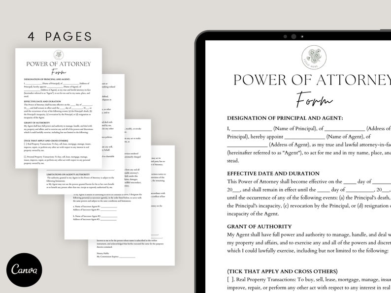 Power Of Attorney Poa Form Editable General Power Of Attorney Customizable Poa Form Attorney