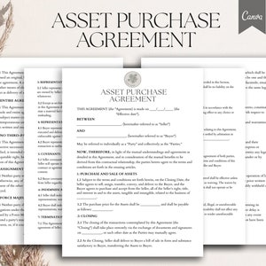 May include: A black and white legal document titled "Asset Purchase Agreement". The document outlines the terms and conditions of an asset purchase agreement between a buyer and seller.