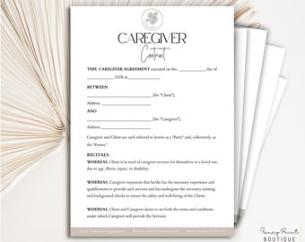 Editable Caregiver Agreement Template, Caregiver Contract Form, Caregiving Agreement, Professional Caregiver Employment Contract, Canva