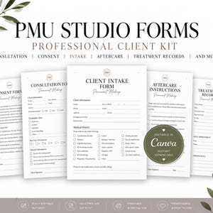 Könnte beinhalten: Ein Set professioneller PMU-Studioformulare mit Einverständniserklärung, Beratung, Kundenaufnahme, Nachsorgeanweisungen und Behandlungsunterlagen. Schwarzer Text auf weißem Papier mit einem runden Abzeichen Editable in Canva.