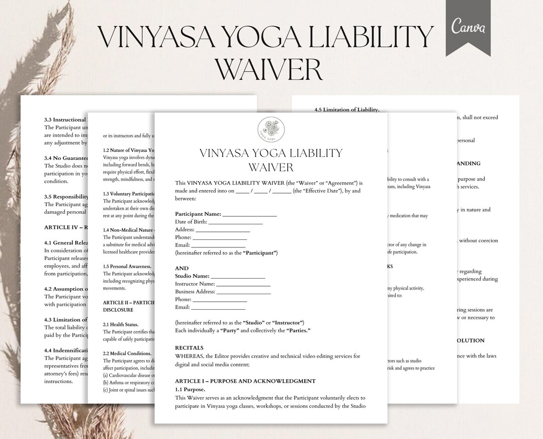 Vinyasa Yoga Liability Waiver Template, Yoga Studio Release Form ...