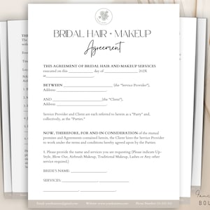 Editable Bridal Hair and Makeup Contract, Bridal Party Stylist Contract Agreement, Freelance Hairstylists ,Makeup Artist Service Contract