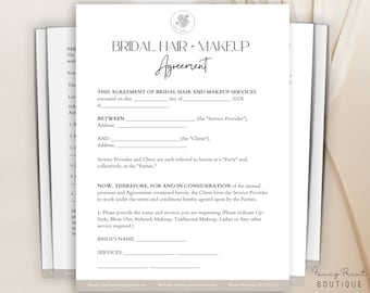 Editable Bridal Hair and Makeup Contract, Bridal Party Stylist Contract Agreement, Freelance Hairstylists ,Makeup Artist Service Contract