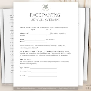 Face Painting Contract agreement ,Face Painters Client Event Kit, Face Painter Contract Template,Editable Face Painting Legal Business Forms