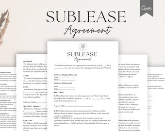 Editable Sublease Agreement, Customizable Sublease Template, Sublease Contract, Renter Agreement,Residential Sublease template, PDF,Canva