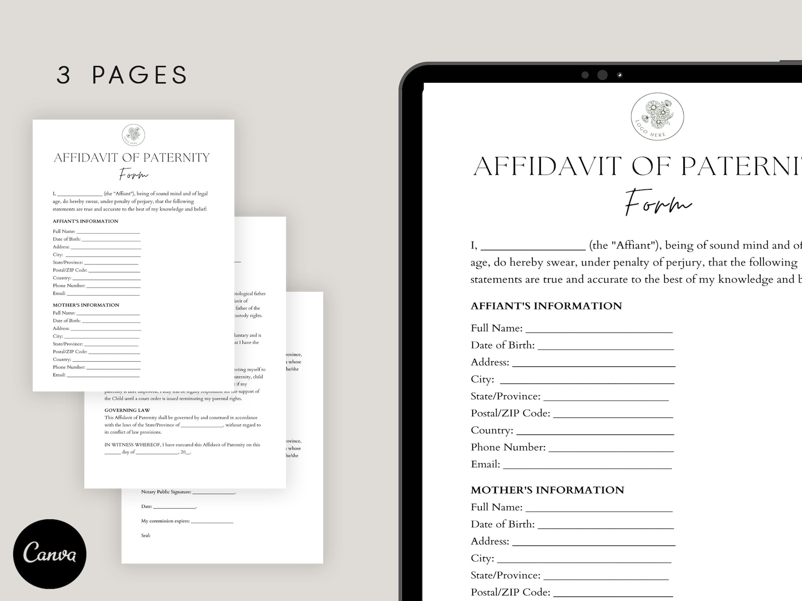 Editable Affidavit of Paternity Form, Customizable Affidavit, Template ...
