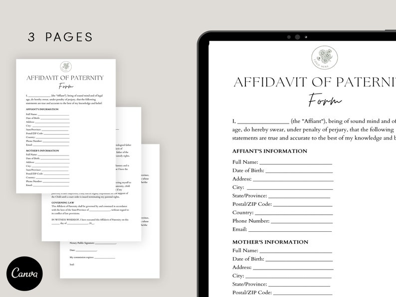 Editable Affidavit of Paternity Form, Customizable Affidavit, Template ...
