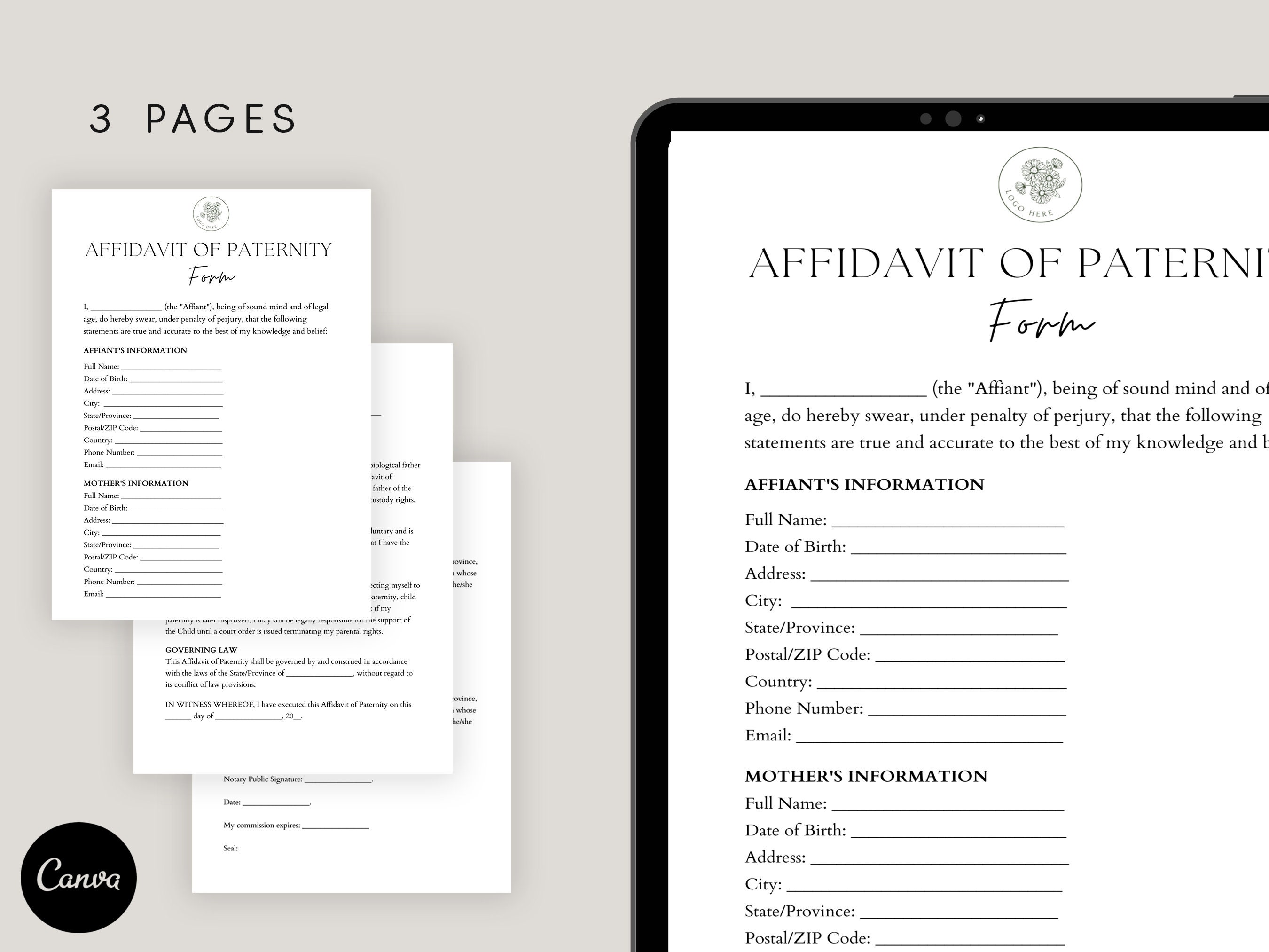 Editable Affidavit of Paternity Form, Customizable Affidavit, Template ...
