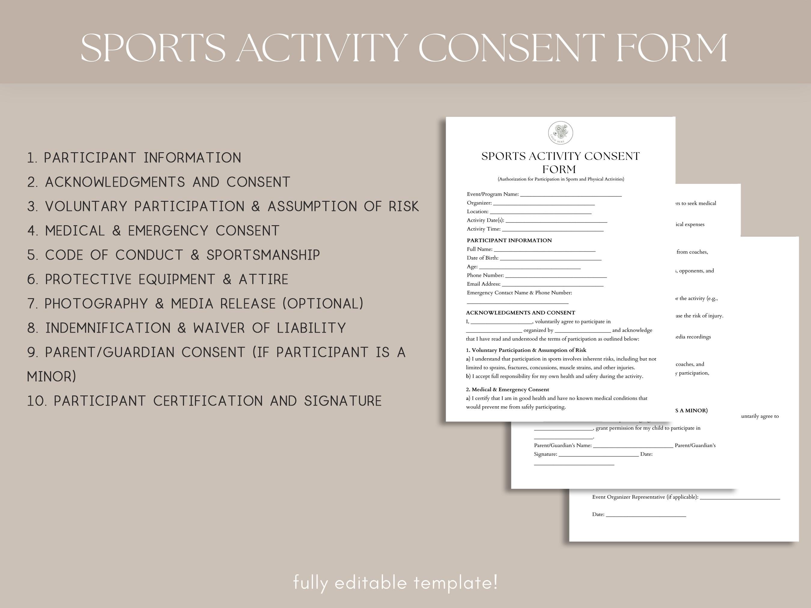 Sports Activity Consent Form Template, Sports Participation Waiver ,PDF ...