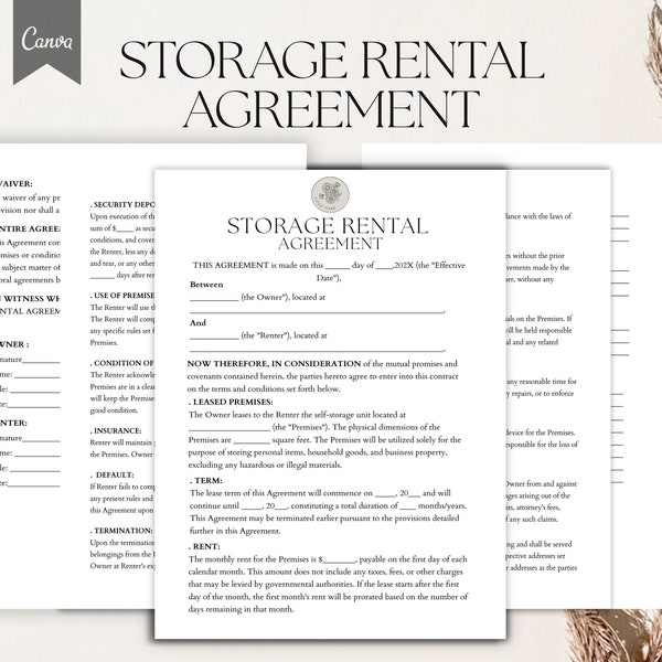 Editable Storage Rental Agreement, Storage Space Lease contract, Storage Agreement, Storage Space Lease, Storage Rental Terms, Pdf,Canva