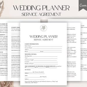 Peut inclure: Un modèle de contrat de service de planificateur de mariage noir et blanc avec le titre "Wedding Planner Service Agreement" et des sections pour les informations du client, les détails du mariage et les conditions de paiement.