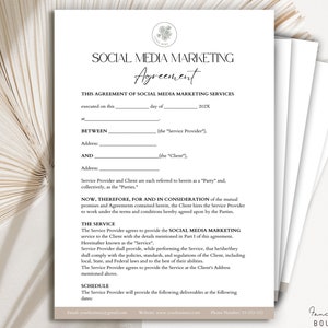 Editable Social Media Marketing Agreement, Social Media Manager Contract Template, Marketing Manager Contract , Social Media Agreement Canva