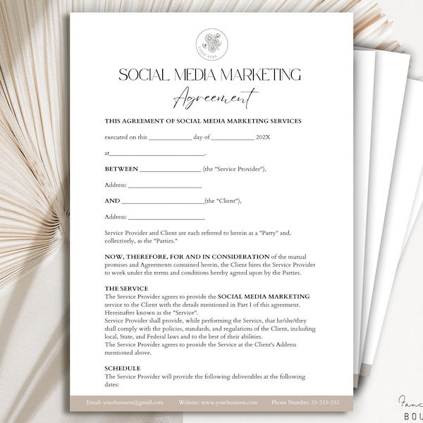 Editable Social Media Marketing Agreement, Social Media Manager Contract Template, Marketing Manager Contract , Social Media Agreement Canva