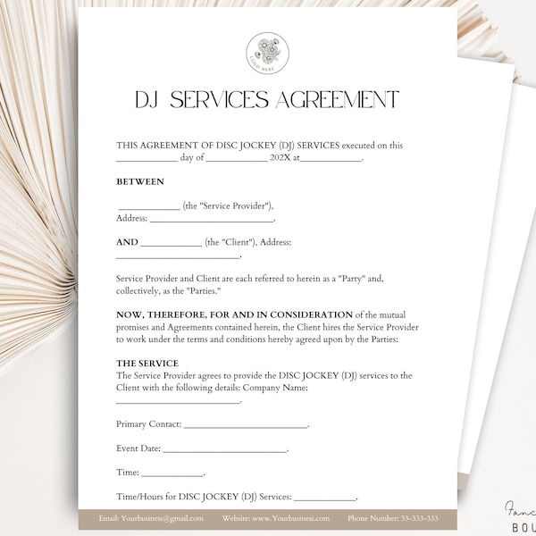 DJ Event Contract Agreement, Disc Jockey Business Agreement, DJ Contract, Editable Event Musician Contract, Wedding DJ Services Contract