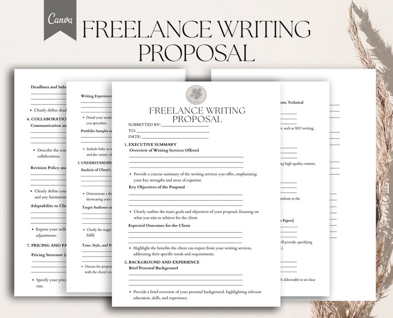 May include: A black and white printable template for a freelance writing proposal. The template includes sections for deadlines and submissions, writing experience, an executive summary, background and experience, and pricing and payment.