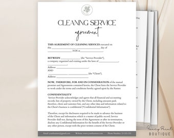 May include: A black and white cleaning service agreement template. The text reads "Cleaning Service Agreement" and includes the text "This Agreement of Cleaning Services executed on this ____ day of 202X ar."  The text continues with "Between ____ (the "Service Provider"), a company organized and existing under the laws of ____ Address: ____ and ____ (the "Client"), Address: ____."