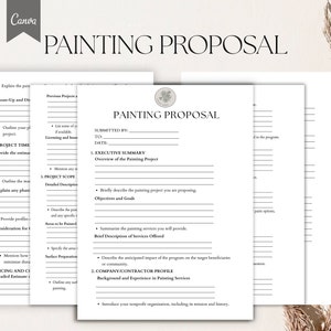 May include: A printable painting proposal template with sections for project details, pricing, and company information. The template is designed to help businesses create professional proposals for painting projects.