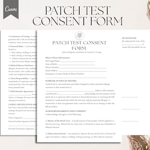 Puede incluir: Un formulario de consentimiento para una prueba de parche en blanco y negro con el título "Patch Test Consent Form". El formulario incluye secciones para la información del cliente menor, el propósito de la prueba de parche, los reconocimientos y el consentimiento, y una línea de firma.
