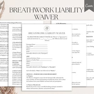 May include: A stack of white paper documents with the text "BREATHWORK LIABILITY WAIVER" in a minimalist design. The documents include fillable fields for participant information and legal disclaimers.