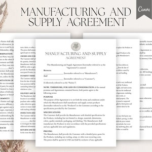 May include: A black and white legal document titled "Manufacturing and Supply Agreement". The document outlines the terms and conditions for manufacturing and supplying products between a manufacturer and a customer.