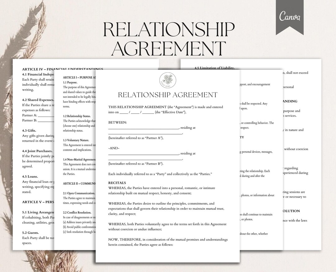 Relationship Agreement Template, Couples Agreement, Personal ...