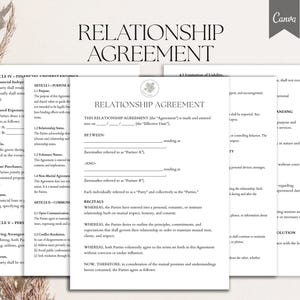 以下が含まれることがあります： テキストと花のロゴが入った「RELATIONSHIP AGREEMENT」というタイトルの白い紙の書類の束。書類は、当事者間の合意を概説するためのものです。Canvaのロゴは右上にあります。