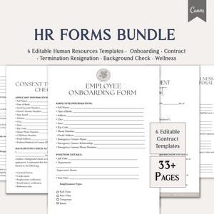 May include: A bundle of HR forms with the text "HR Forms Bundle" at the top. The forms include templates for onboarding, contracts, termination, background checks, and wellness. The image also includes the text "6 Editable Contract Templates" and "33+ Pages".