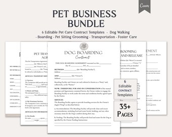 May include: A bundle of pet business templates, including contracts for dog walking, boarding, grooming, and transportation. The image shows several pages of the templates, with the text "PET BUSINESS BUNDLE" at the top. The bundle includes 6 editable contract templates and over 35 pages.