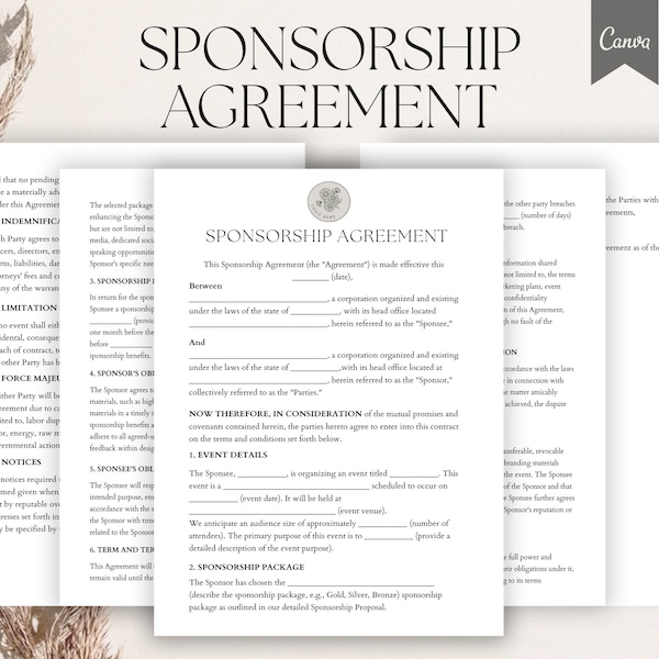 Sponsorship Contract Template, Event Sponsorship Agreement, Editable Sponsorship Agreement, Business Sponsorship Form Pdf, Canva