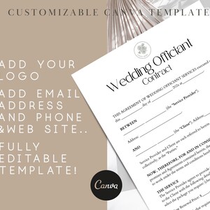 Puede incluir: Una plantilla de contrato de oficiante de boda personalizable en blanco y negro. La plantilla incluye un espacio para el nombre, la direcci&oacute;n y la informaci&oacute;n de contacto del oficiante. Tambi&eacute;n incluye un espacio para el nombre, la direcci&oacute;n y la informaci&oacute;n de contacto del cliente. La plantilla es totalmente editable y se puede utilizar para cualquier ceremonia de boda.