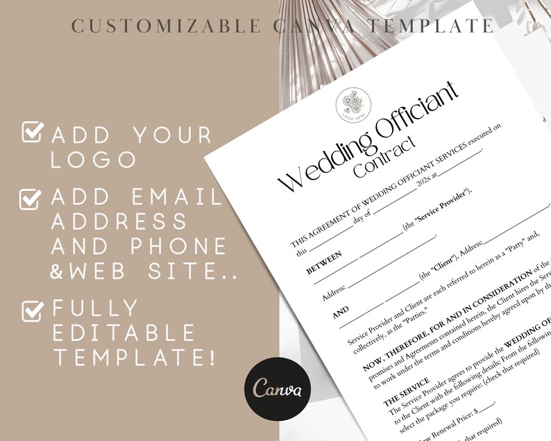 Puede incluir: Una plantilla de contrato de oficiante de boda personalizable en blanco y negro. La plantilla incluye un espacio para el nombre, la direcci&oacute;n y la informaci&oacute;n de contacto del oficiante. Tambi&eacute;n incluye un espacio para el nombre, la direcci&oacute;n y la informaci&oacute;n de contacto del cliente. La plantilla es totalmente editable y se puede utilizar para cualquier ceremonia de boda.