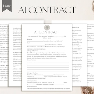 Peut inclure: Un modèle de contrat noir et blanc pour un accord d'IA. Le document comprend des sections pour les détails du projet, la portée des services, la rémunération et la résolution. Le texte "AI Contract" est affiché en gros caractères en haut de la page.