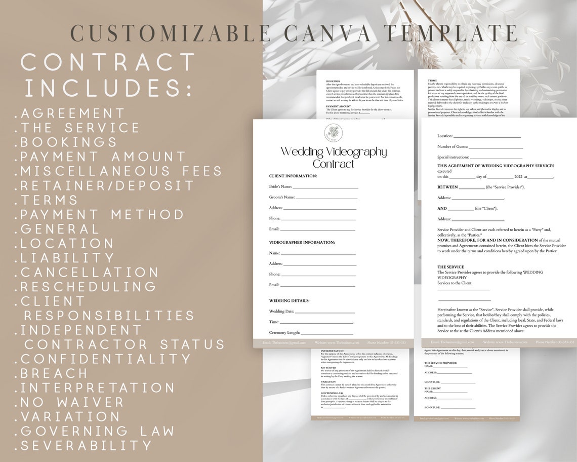 Wedding Videography Contract, Wedding Video Agreement, Customizable