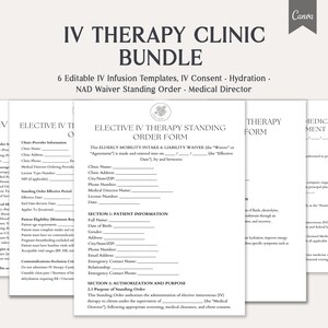 Może przedstawiać: Zestaw edytowalnych formularzy kliniki terapii IV, w tym szablony, formularze zgody i stałe zlecenie. Formularze są wydrukowane na białym papierze czarnym tekstem. Tytuł "IV Therapy Clinic Bundle" znajduje się na górze.