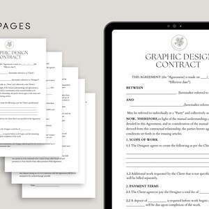 May include: A graphic design contract template with the title "Graphic Design Contract" and the text "This Agreement (the "Agreement") is made on ____, ____, ____ (the "Effective date")."