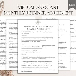 May include: A set of white documents with the title "VIRTUAL ASSISTANT MONTHLY RETAINER AGREEMENT" in a serif font. The documents feature a floral design and are set against a light beige backdrop.
